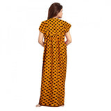 Mustard cotton printed maxi nighty for daily wear, short sleeves and round neck