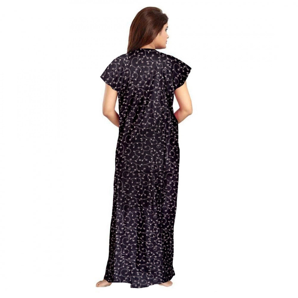 Grey cotton printed maxi nightgown for daily wear, short sleeves and round neck design