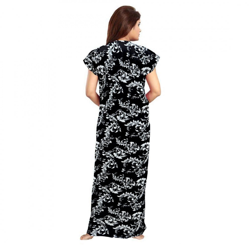 Black cotton printed maxi nightgown for daily wear, short sleeves and round neck