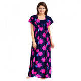 Pink cotton printed maxi nighty for daily wear, short sleeves and round neck