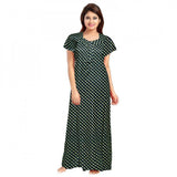 Green cotton printed maxi nightgown with short sleeves and round neck for daily wear