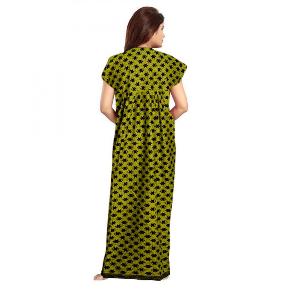 Green cotton printed maxi nightgown with short sleeves and round neck, suitable for daily wear