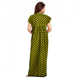 Green cotton printed maxi nightgown with short sleeves and round neck, suitable for daily wear