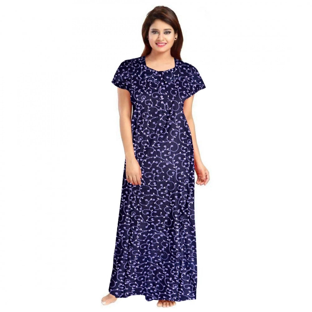 Blue cotton printed maxi nightgown for daily wear with short sleeves and round neck