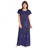 Blue cotton printed maxi nightgown for daily wear with short sleeves and round neck