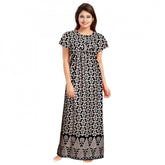Black cotton printed maxi nightgown with short sleeves and round neck, ideal for daily wear