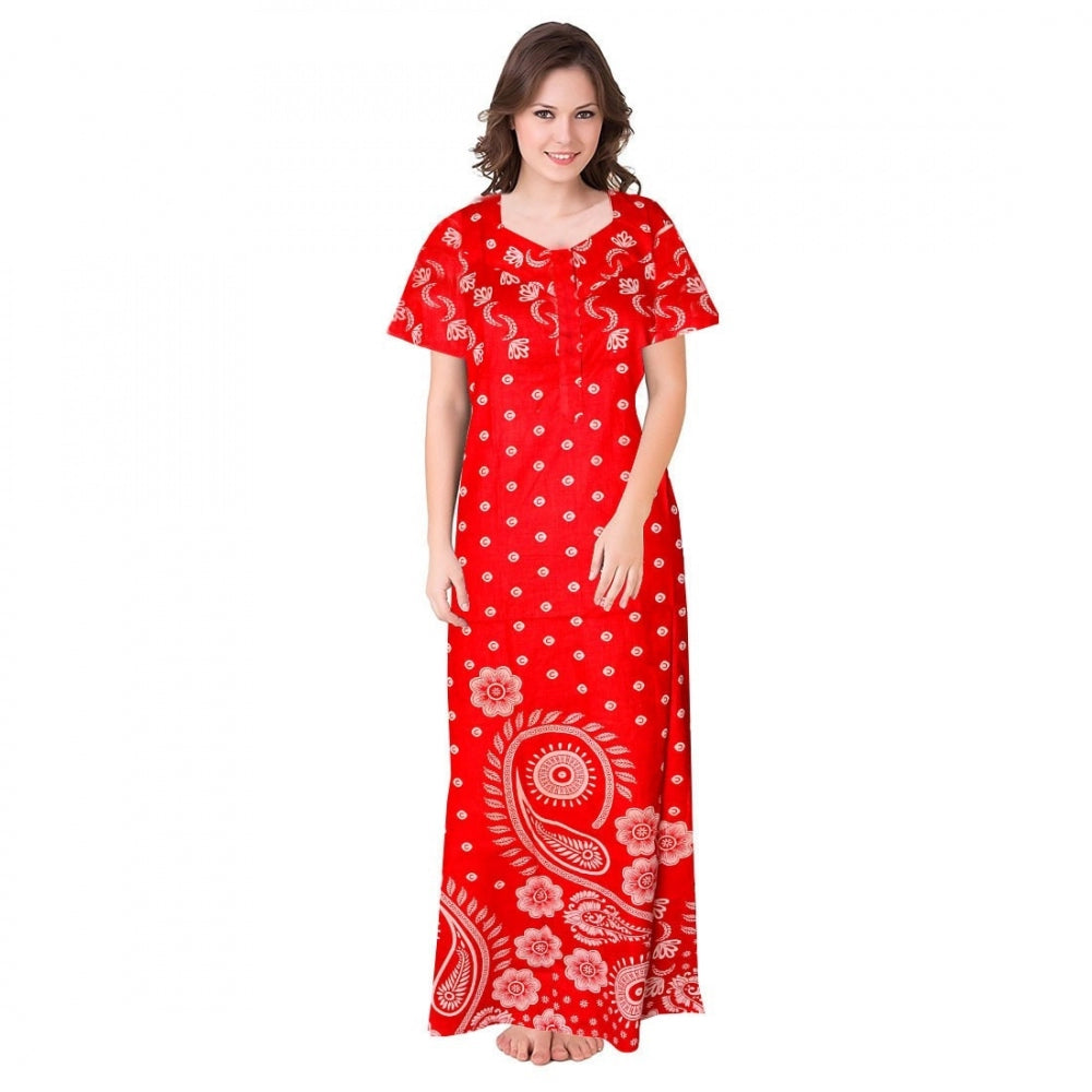 Red cotton printed maxi nightgown for women's daily wear, short sleeves and round neck