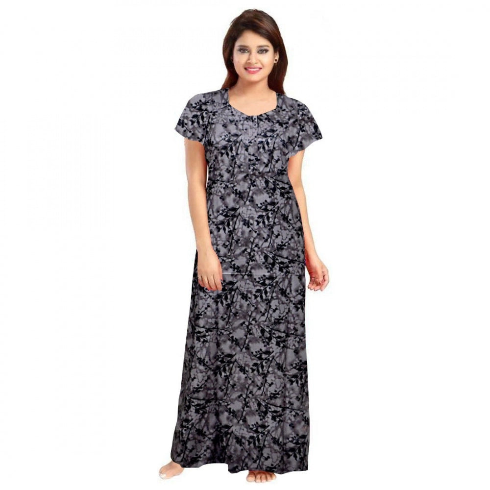 Grey cotton printed maxi nightgown for women's daily wear, short sleeves and round neck
