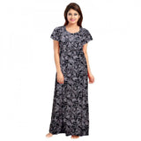 Grey cotton printed maxi nightgown for women's daily wear, short sleeves and round neck