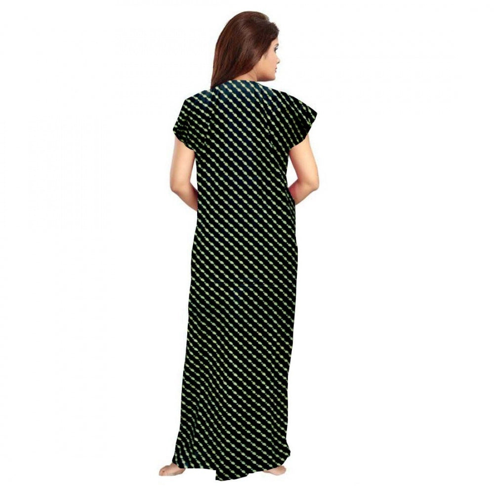 Green cotton printed maxi nightgown for daily wear with short sleeves and round neck