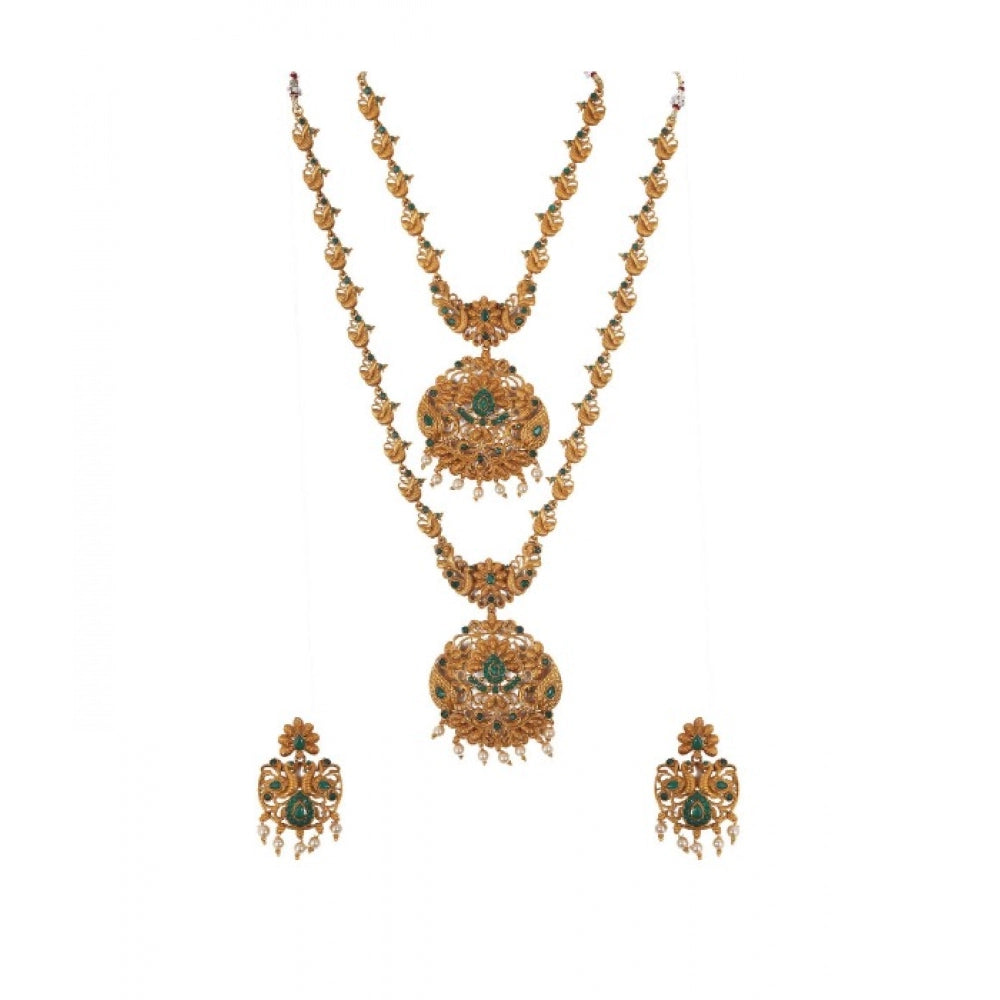 Green, gold-plated brass double line temple jewelry set for women - modern accessory design