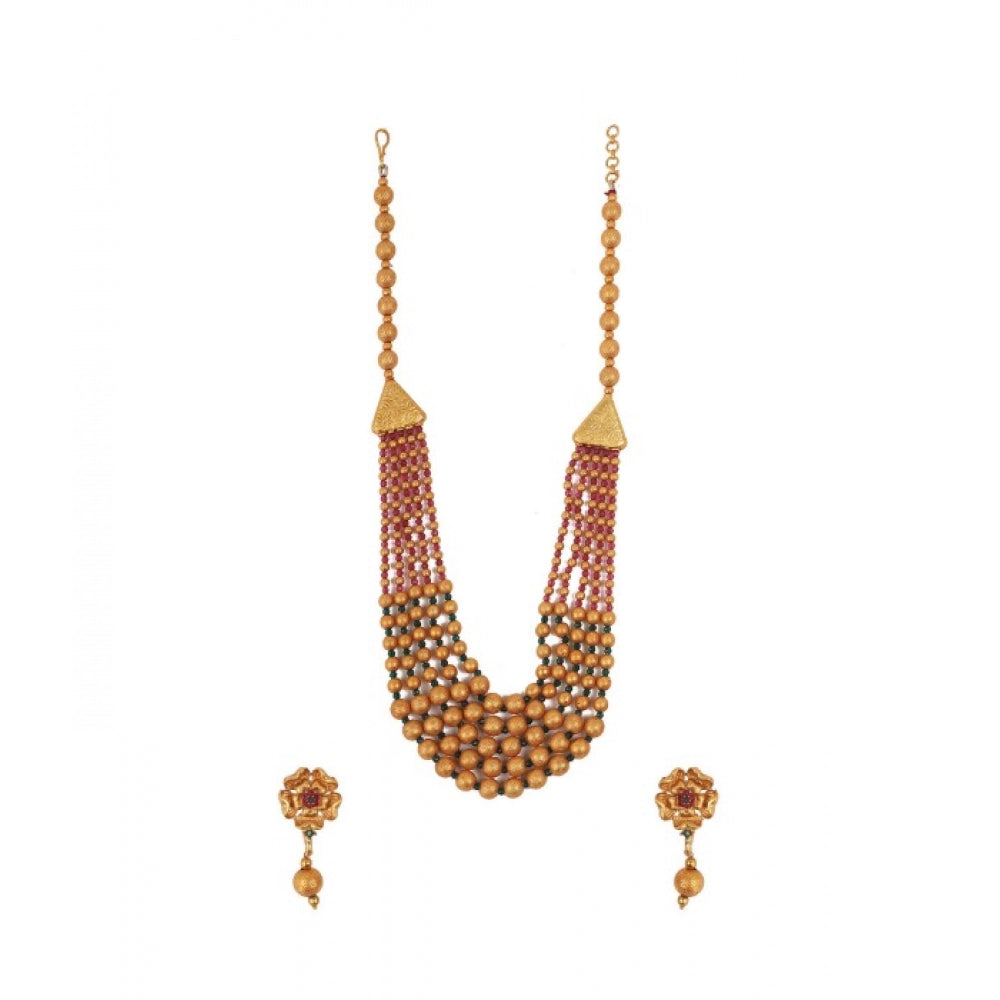 Multi color, free size brass mala with crystal for women and girls, gold plated, ethnically inspired jewelry on display stand