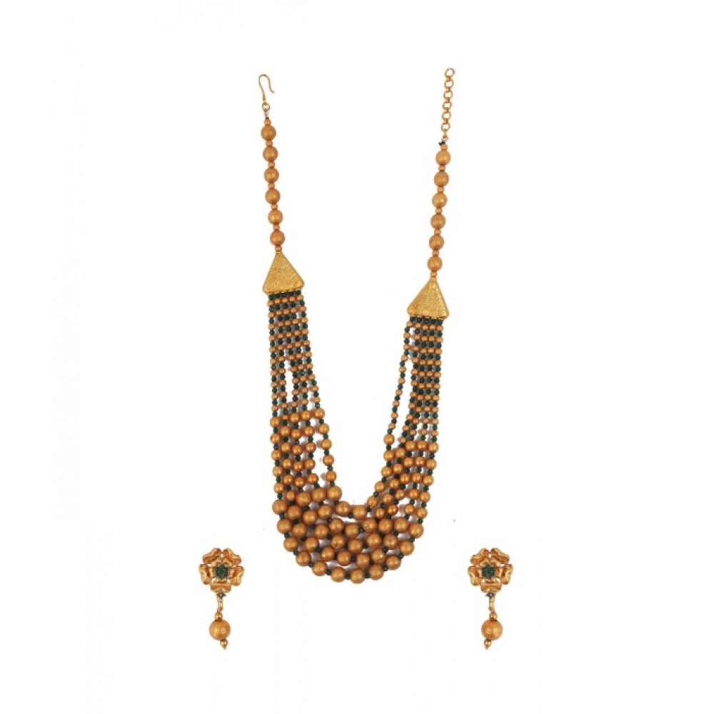 Green, free-size brass mala with crystal for women and girls, gold-plated layered necklace jewelry
