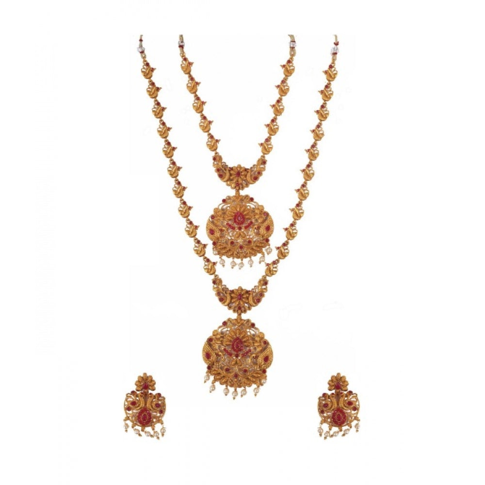 Red gold-plated brass double line temple jewelry set for women, modern and elegant accessory