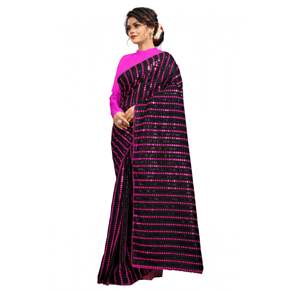 Pink Vichitra saree with unstitched brocade blouse, sequence work on display