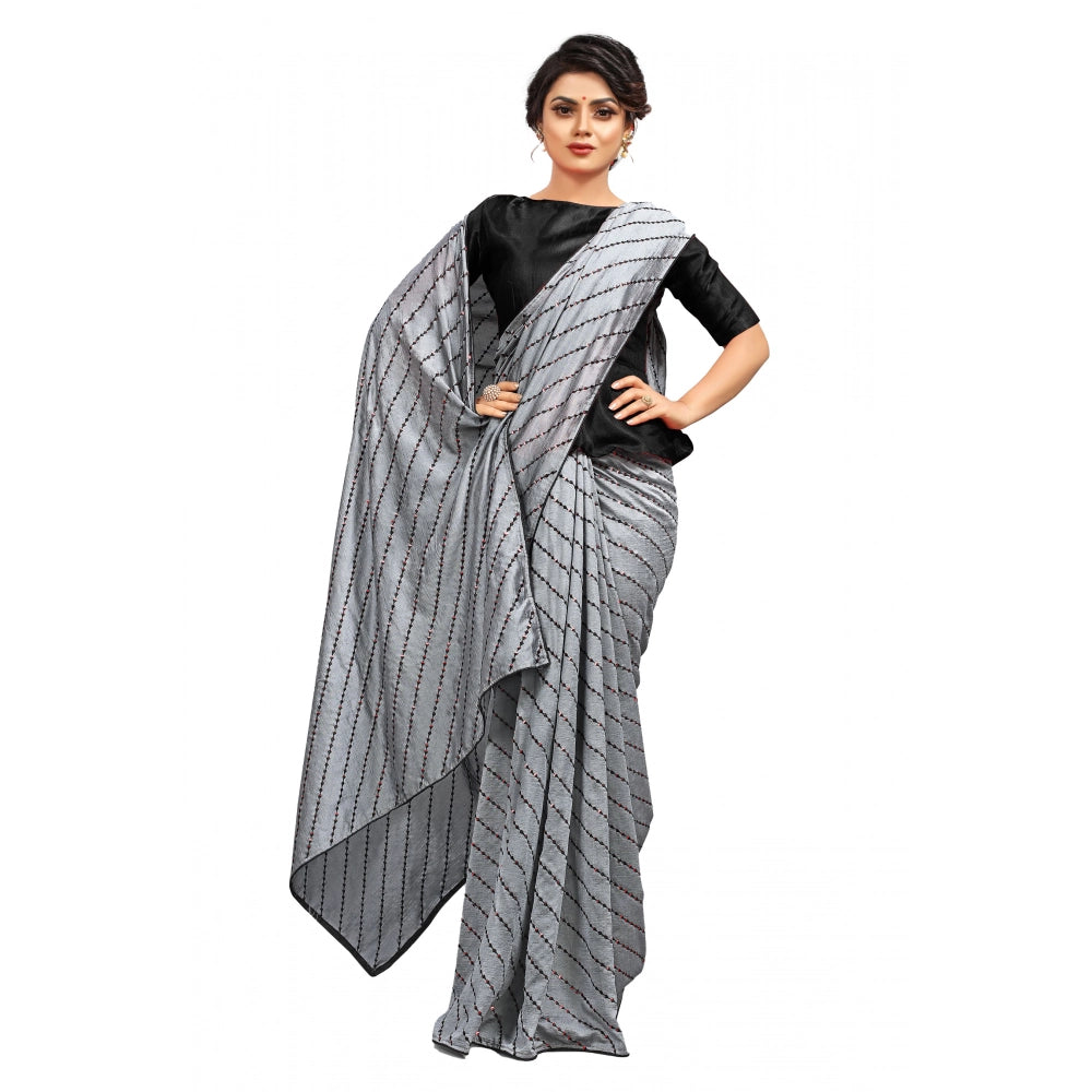 Grey Vichitra saree with unstitched brocade blouse featuring sequence work, ideal for daily wear