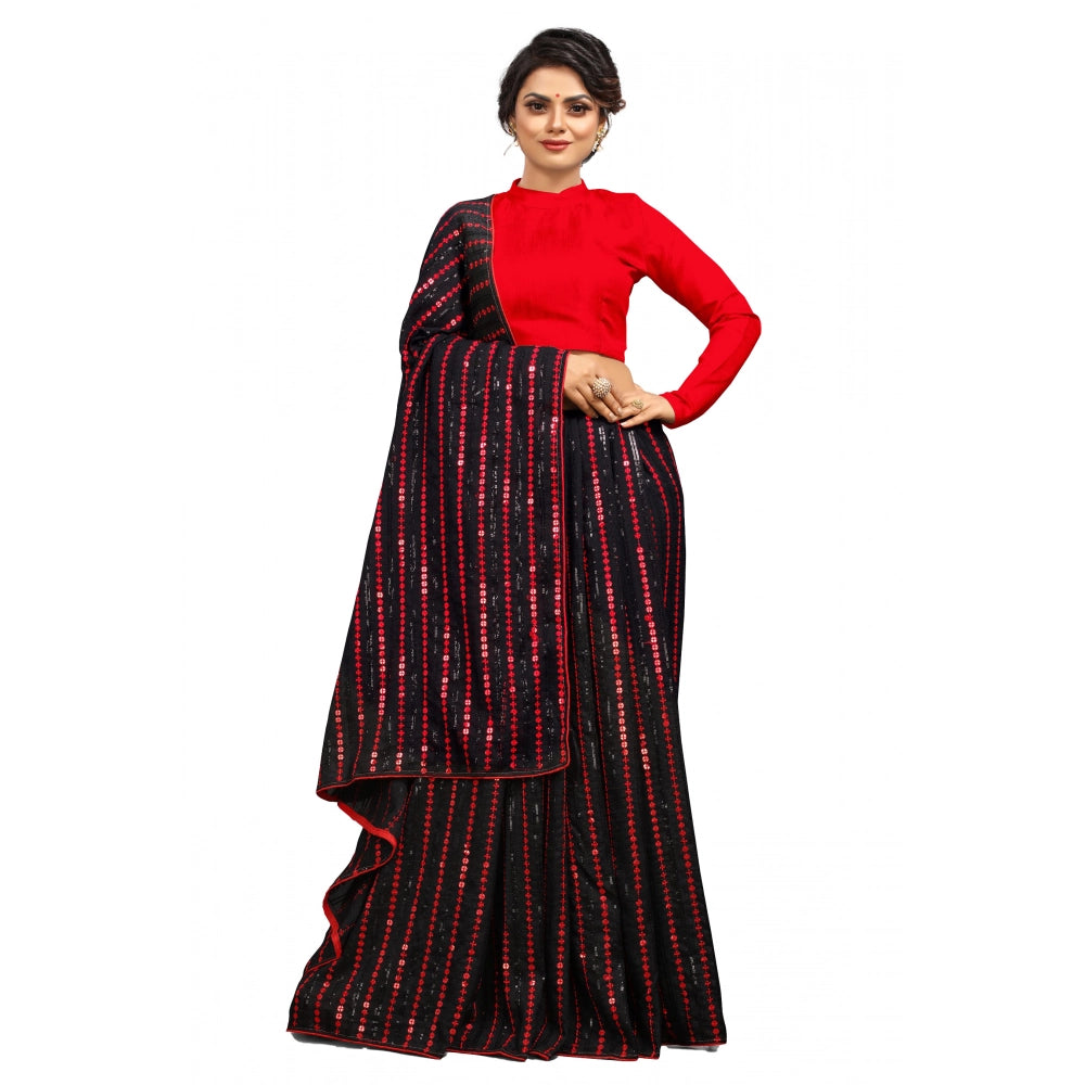 Red Vichitra saree with unstitched blouse, sequence work on party occasion
