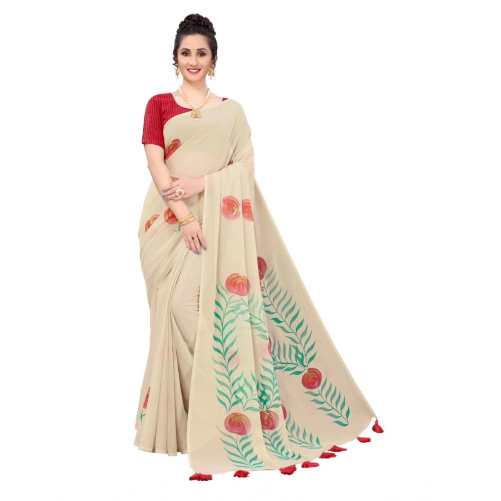 Georgette beige floral hand-printed saree, 5-6 meters length for casual, festive wear on model