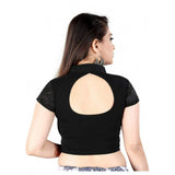 Black cotton lycra readymade blouse for women, short sleeves with close neck, hand wash only, fits sizes 30"-40" bust