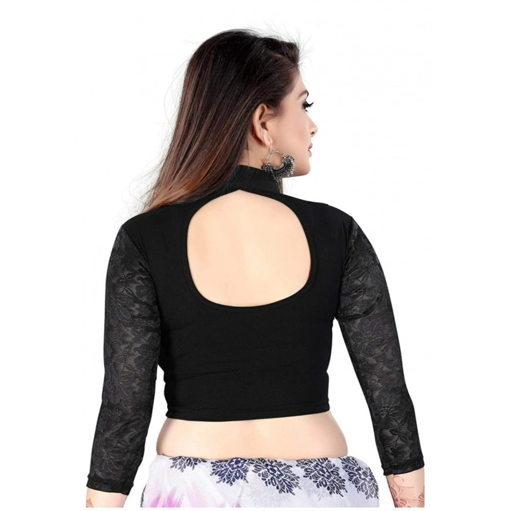 Black cotton-lycra women's 3/4 sleeve blouse, ready-to-wear with close neck. Hand wash only, fits 30"-40" bust size