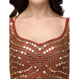 Maroon embroidered cotton-lycra padded blouse, free size with sweetheart neck, hand wash only