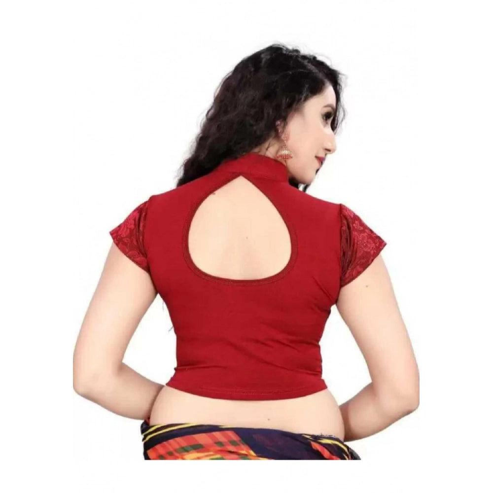 Maroon cotton lycra readymade blouse for women, short sleeves, hand-wash only, fits 30" to 40" bust size