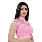 Baby Pink Cotton Lycra Readymade Blouse - Short sleeve, close neck, hand wash only, fits 30"-40" bust size