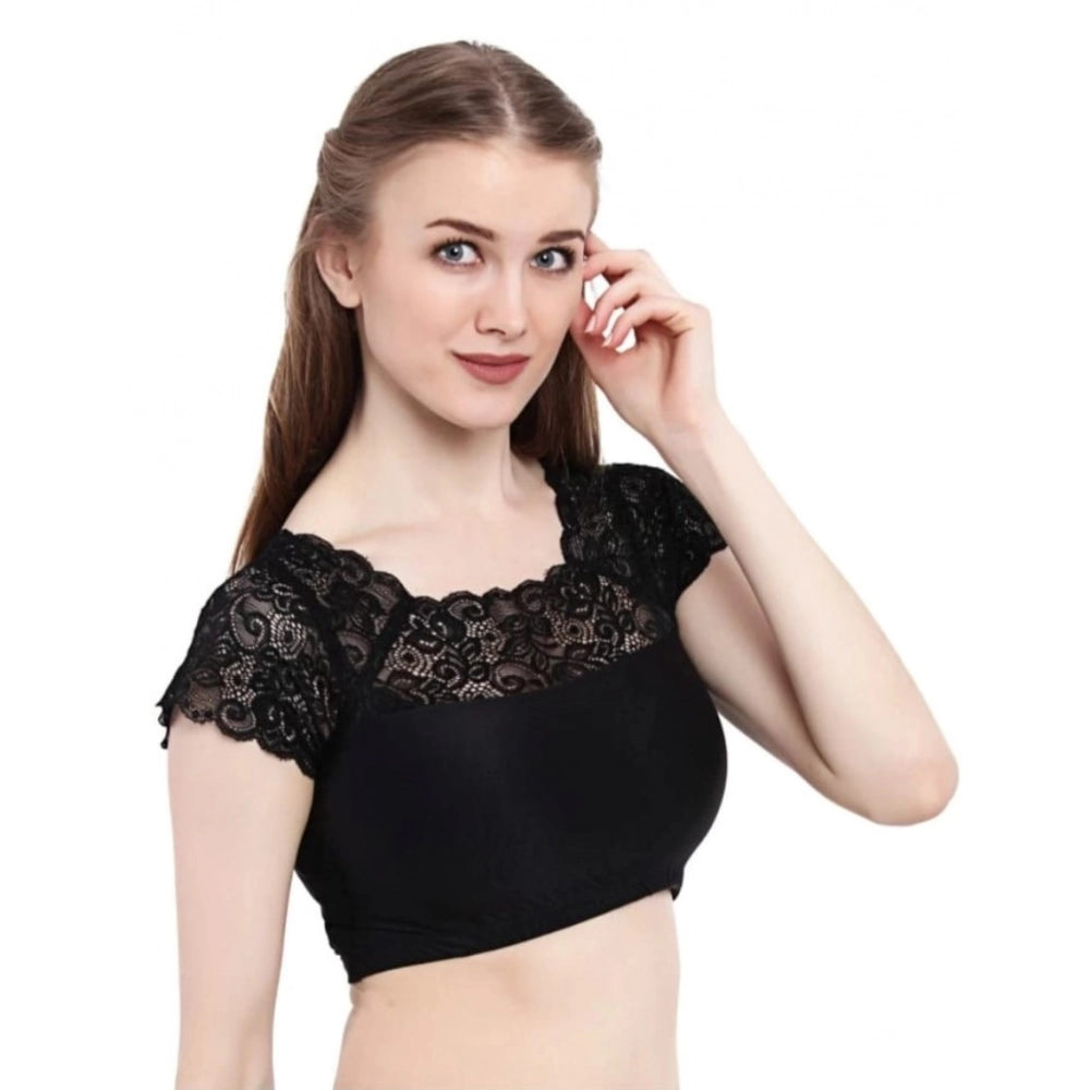 Black cotton lycra ready-made blouse, short sleeves, designer neckline. Hand wash only, fits 30"-40" bust size