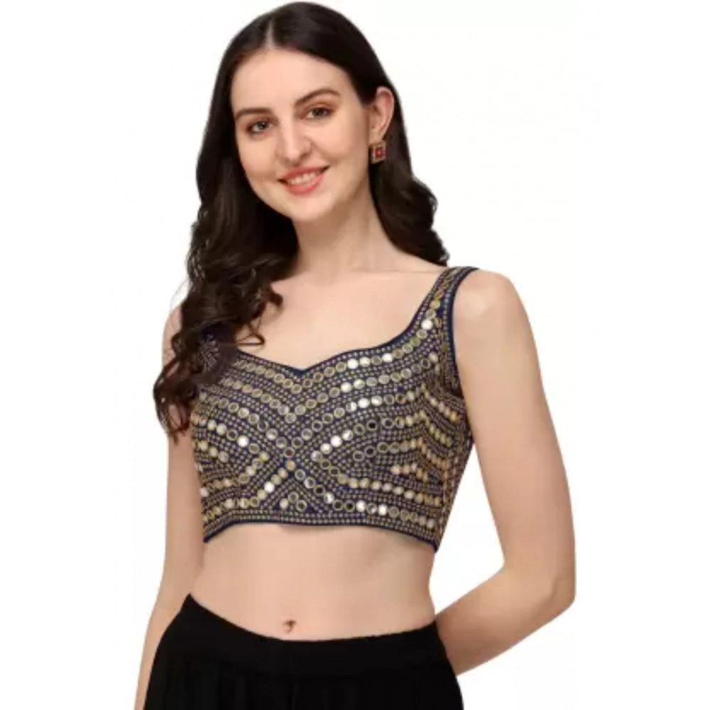 Navy Blue Embroidered Cotton Lycra Readymade Blouse - Hand wash only, Sweetheart Neck, suitable for 30"-40" bust size