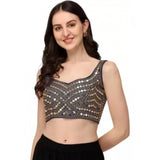 Navy Blue Embroidered Cotton Lycra Readymade Blouse - Hand wash only, Sweetheart Neck, suitable for 30"-40" bust size