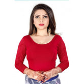Red cotton-lycra 3/4 sleeve readymade blouse, free size with round neck, hand wash only for women's fashion