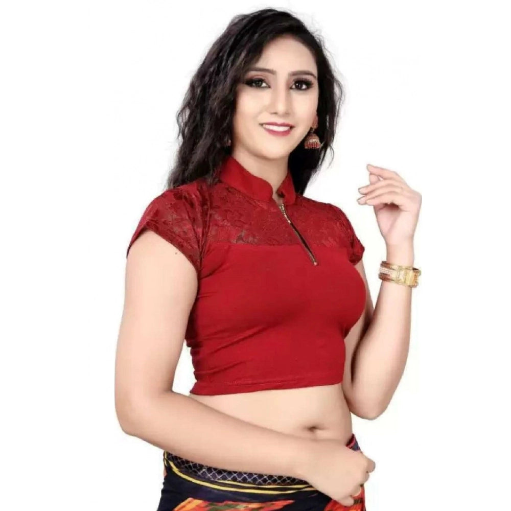 Maroon cotton-lycra women's blouse, short sleeves, close neck, hand wash only for free size 30"-40" bust