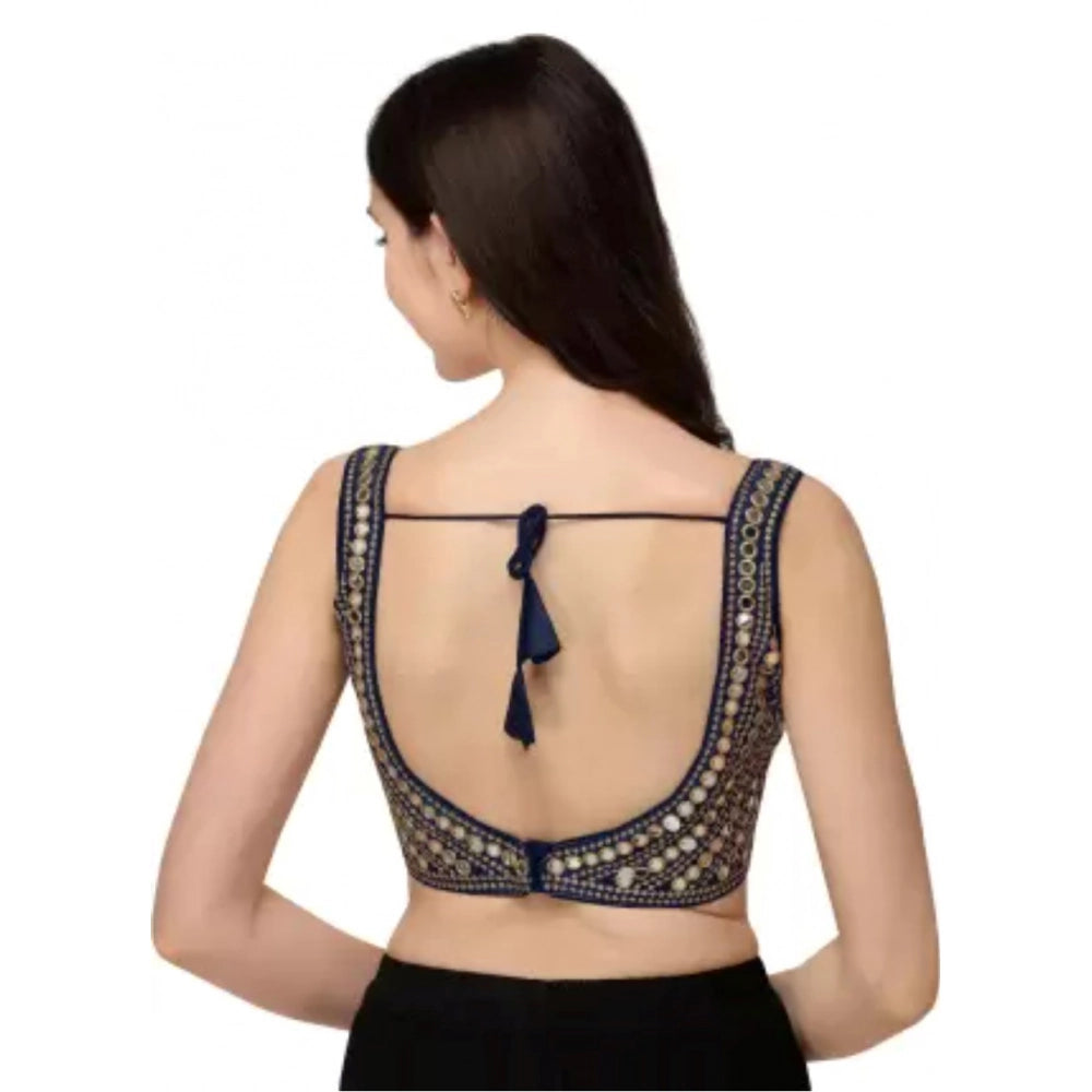 Navy blue embroidered cotton-lycra padded readymade blouse, hand wash only, free size for women (30"-40" bust)