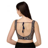 Navy blue embroidered cotton-lycra padded readymade blouse, hand wash only, free size for women (30"-40" bust)