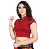 Maroon cotton lycra short sleeve blouse, free size, hand wash only, close neck, ideal for women's casual wear