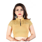 Beige cotton lycra readymade blouse, short sleeve and close neck, hand wash only for women's free size (30-40" bust)