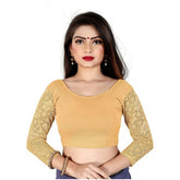 Skin cotton lycra women's 3/4 sleeve blouse, free size with round neck & hand wash care