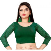 Green Cotton Lycra Women's 3/4 Sleeve Readymade Blouse, perfect for free-size fit (30" - 40" bust)