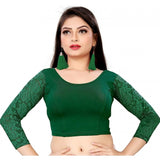Green Cotton Lycra Women's 3/4 Sleeve Readymade Blouse, perfect for free-size fit (30" - 40" bust)