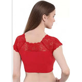 Red cotton-lycra short sleeve blouse, ready-to-wear women's fashion on hanger with designer neckline, hand wash only, fits 30" - 40" bust size