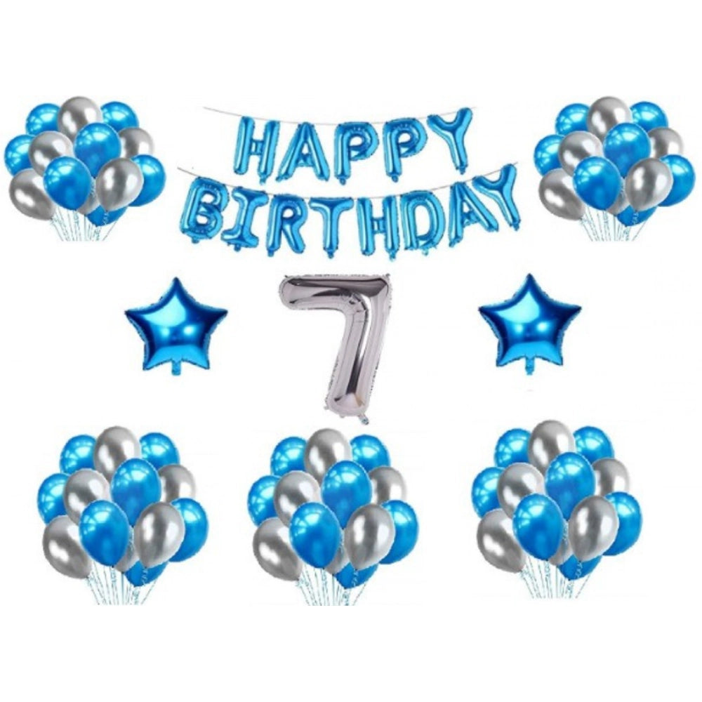 Blue & Silver 7th Happy Birthday Decoration Combo with Foil Star Balloons, non-toxic, eco-friendly for parties