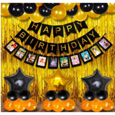 Multicolor Happy Birthday decoration combo: black banner, gold foil curtain, star foil balloons, photo banner, metallic balloons. Eco-friendly, non-toxic, safe for children's parties