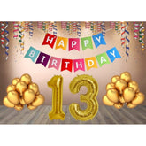 Multicolor Happy Birthday decoration combo with foil banner, metallic balloons, and number set - eco-friendly, non-toxic, perfect for celebrations