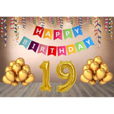 Multi-colored Happy Birthday decoration combo with foil banner, includes 30 gold balloons and a non-toxic, eco-friendly number set