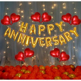 Red and golden eco-friendly happy anniversary decorations set with multicolor metallic balloons