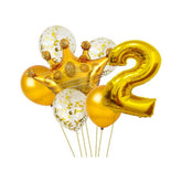 Golden 2nd birthday decoration items for boys or girls - Multi-colored foil balloons with crown, confetti, and gold metallic details. Eco-friendly and safe for children's celebrations