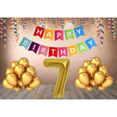 Multicolor Happy Birthday decoration combo with foil banner, 30 gold balloons and a golden number - eco-friendly, non-toxic, perfect for celebrations
