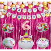 Multicolor Happy Birthday Unicorn Foil Balloon Combo with 6th Birthday banner, fringe curtain, metallic balloons (pink, white, gold), eco-friendly & safe for children