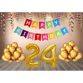 Multi-colored Happy Birthday decoration combo with golden foil banner & balloons - eco-friendly, safe for kids