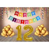 Multicolor Happy Birthday decoration combo: foil banner, 30 gold balloons, non-toxic, eco-friendly